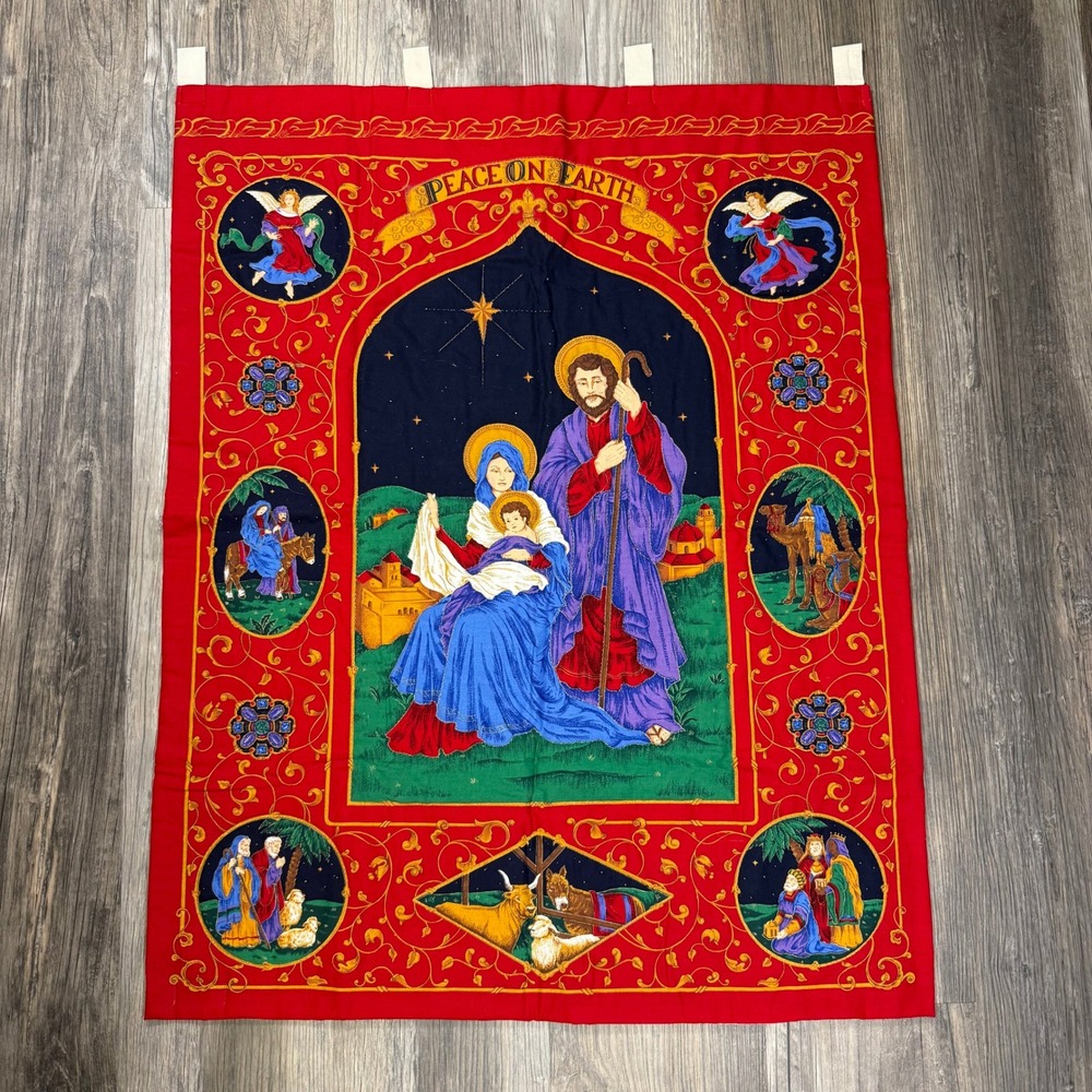 Handmade‎ Vintage Peace on Earth Nativity Quilted Wall Hanging Loops Christmas